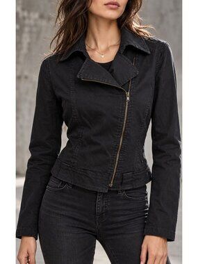 KETTY Womens Black Moto Jacket Size 3 Stretch Cotton Asymmetric Zip Biker